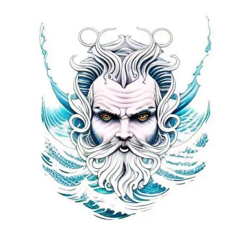 Ocean Wave witch zeus olimp in a front of wave tattoo design idea