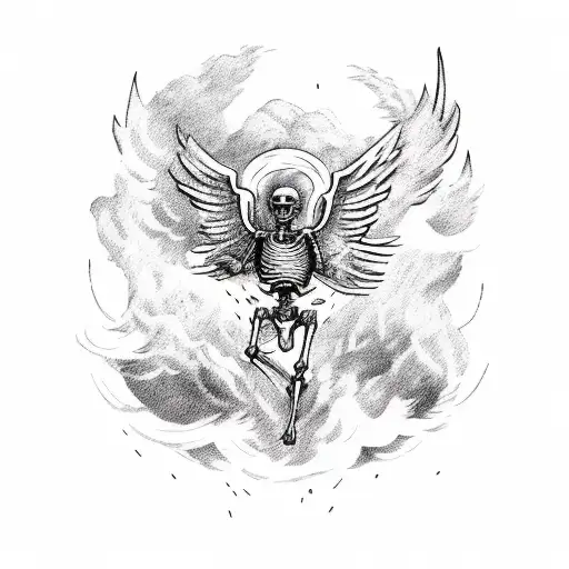 The skeleton of Icarus falling from the sky with fire on his wings tattoo design idea