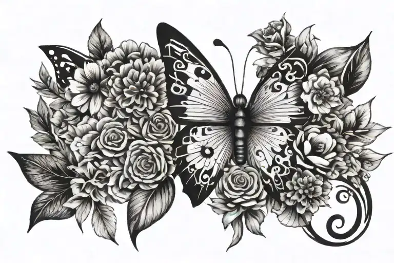 A butterfly made of books and flowers, with the number 13 in Roman numerals subtly integrated into the design tattoo design idea