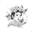 Japanese geisha surrounded by cherry blossoms tattoo design idea