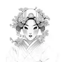 Japanese geisha surrounded by cherry blossoms tattoo design idea
