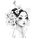 Japanese geisha surrounded by cherry blossoms tattoo design idea