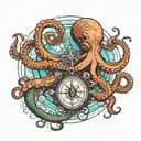 octopus holding a compass intertwined with mermaid swimming   tattoo design idea