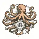 octopus holding a compass intertwined with mermaid swimming   tattoo design idea