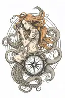 mermaid swimming with octopus holding a compass simple tattoo design idea