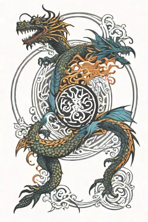 mandala design incorporating a dragon flying across Yin Yang tattoo design idea