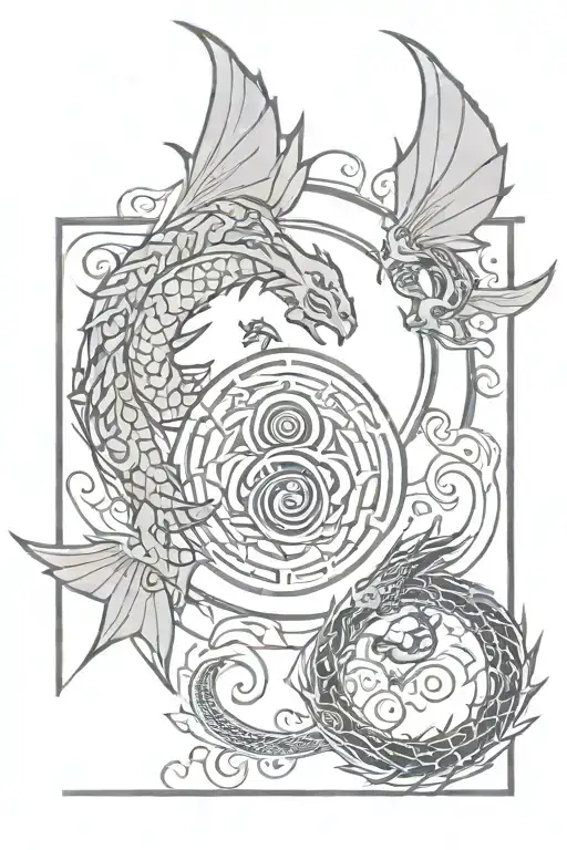mandala design incorporating a dragon flying across Yin Yang tattoo design idea