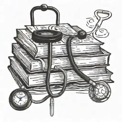 A stack of books with a stethoscope wrapped around them tattoo design idea