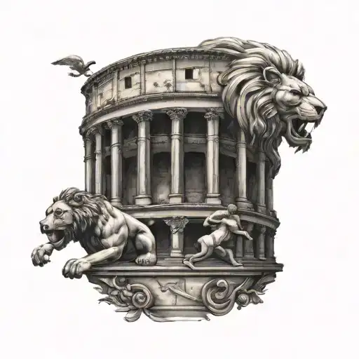 Roman coliseum with lion and gladiator in the arena tattoo design idea