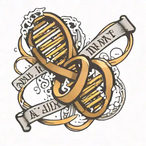 A DNA double helix intertwined with a ribbon that says 'All In', representing the idea of fully committing to one's goals and trusting in oneself tattoo design idea