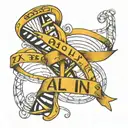 A DNA double helix intertwined with a ribbon that says 'All In', representing the idea of fully committing to one's goals and trusting in oneself tattoo design idea