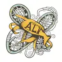 A DNA double helix intertwined with a ribbon that says 'All In', representing the idea of fully committing to one's goals and trusting in oneself tattoo design idea
