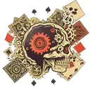 A brain with gears turning, surrounded by dice and playing cards, illustrating the strategic thinking and calculated risks involved in both medicine and self-betting tattoo design idea
