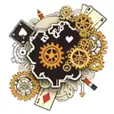 A brain with gears turning, surrounded by dice and playing cards, illustrating the strategic thinking and calculated risks involved in both medicine and self-betting tattoo design idea