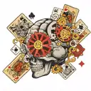 A brain with gears turning, surrounded by dice and playing cards, illustrating the strategic thinking and calculated risks involved in both medicine and self-betting tattoo design idea