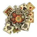 A brain with gears turning, surrounded by dice and playing cards, illustrating the strategic thinking and calculated risks involved in both medicine and self-betting tattoo design idea