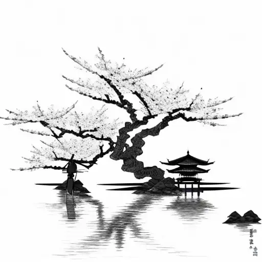 samurai with bow and arrow weapon next to cherry blossom tree at a lake and mountains in the background tattoo design idea