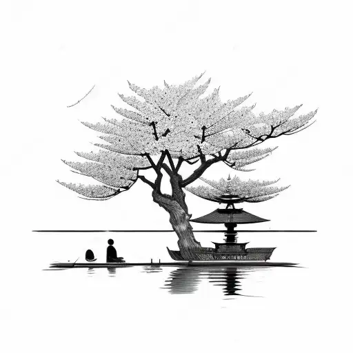 samurai sleeping next to cherry blossom tree at a lake tattoo design idea