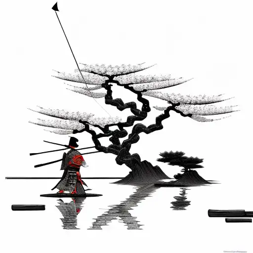 samurai with straw hat and bow and arrow weapon next to cherry blossom tree at a lake and mountains in the background tattoo design idea