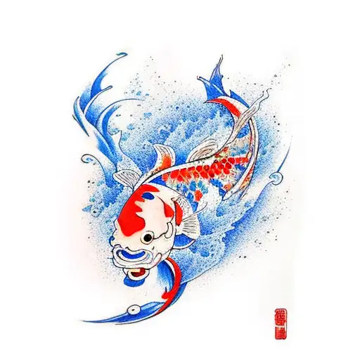 koi fish blue wave and cherry blossom petals tattoo design idea
