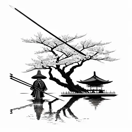 samurai with straw hat and bow and arrow weapon next to cherry blossom tree at a lake and mountains in the background tattoo design idea