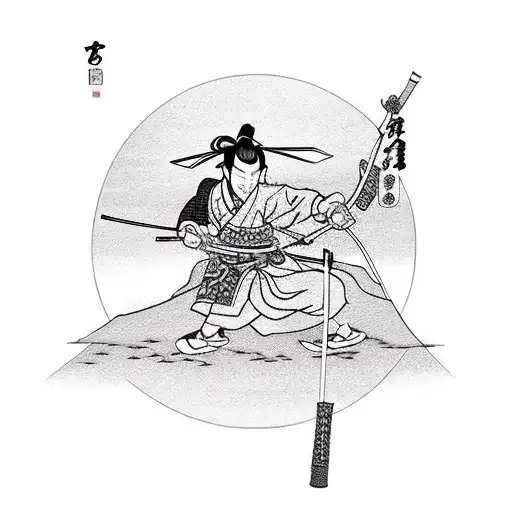 Samurai with straw hat and bow and arrow weapon next to cherry blossom and lake tattoo design idea
