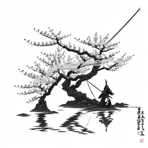 samurai with bow and arrow weapon next to cherry blossom tree at a lake and mountains in the background tattoo design idea