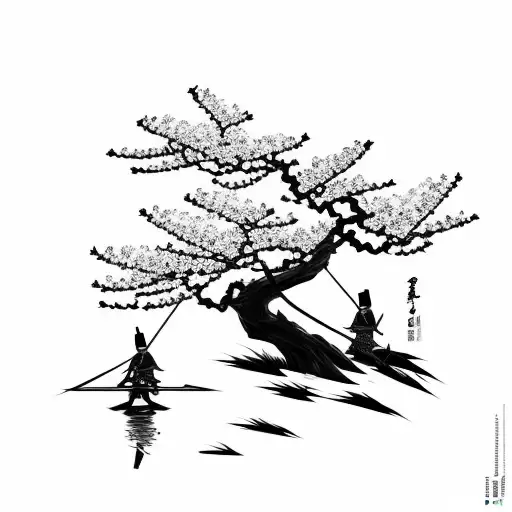 samurai with bow and arrow weapon sleeping next to cherry blossom tree at a lake and mountains in the background tattoo design idea