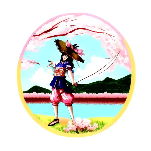 Samurai with straw hat and bow and arrow weapon next to cherry blossom and lake tattoo design idea