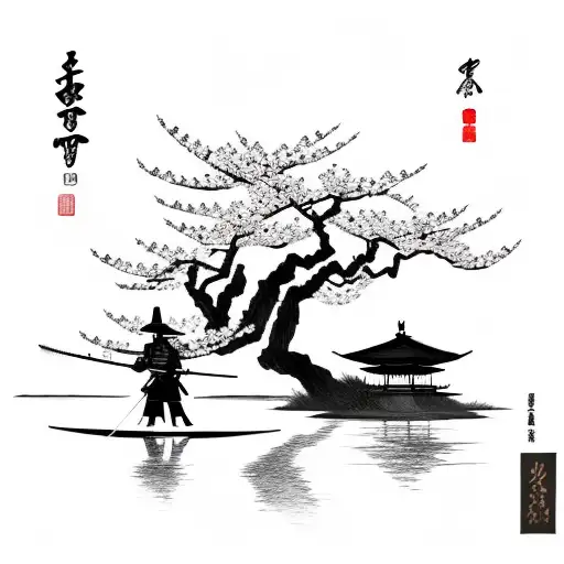 samurai with straw hat and bow and arrow weapon next to cherry blossom tree at a lake and mountains in the background tattoo design idea