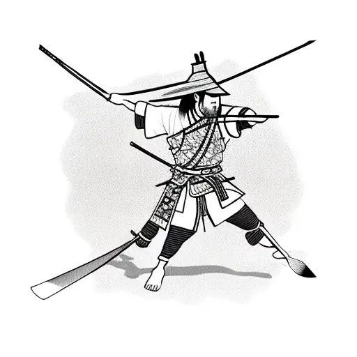 Samurai with straw hat and bow and arrow weapon next to cherry blossom and lake tattoo design idea