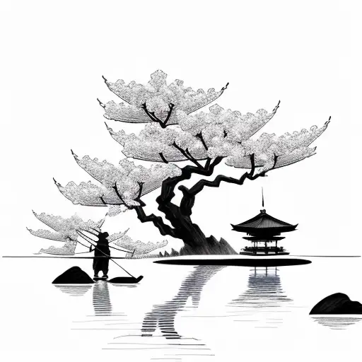 samurai with straw hat and bow and arrow weapon next to cherry blossom tree at a lake and mountains in the background tattoo design idea