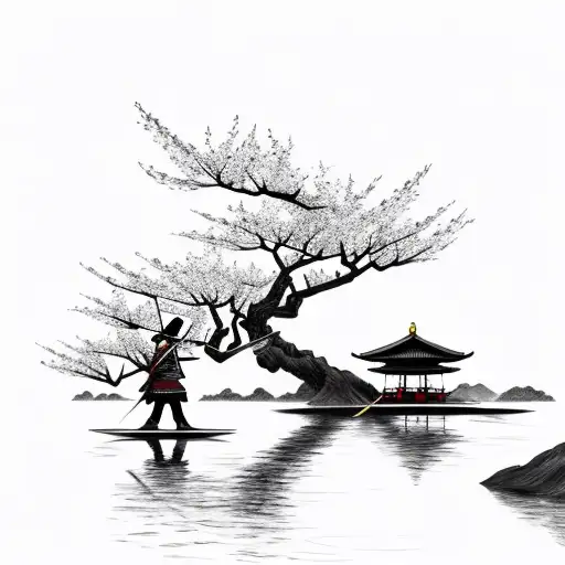 samurai with straw hat and bow and arrow weapon next to cherry blossom tree at a lake and mountains in the background tattoo design idea