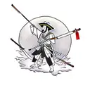 Samurai with straw hat and bow and arrow weapon next to cherry blossom and lake tattoo design idea