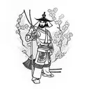 Samurai with straw hat and bow and arrow weapon next to cherry blossom and lake tattoo design idea