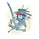 Samurai with straw hat and bow and arrow weapon next to cherry blossom and lake tattoo design idea