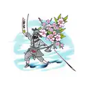Samurai with straw hat and bow and arrow weapon next to cherry blossom and lake tattoo design idea