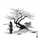 samurai with straw hat and bow and arrow weapon next to cherry blossom tree at a lake and mountains in the background tattoo design idea