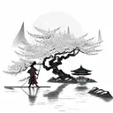 samurai with straw hat and bow and arrow weapon next to cherry blossom tree at a lake and mountains in the background tattoo design idea
