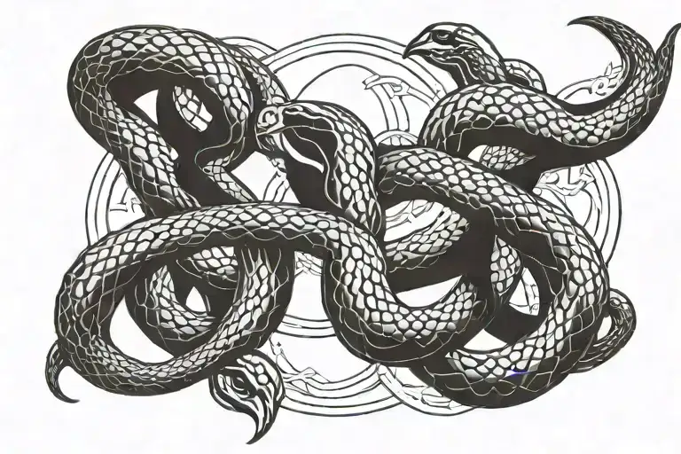 2 intertwinded snakes celtic knot heads facing each other  tongues out outlined by a bird's eye view of 1 big snake head tattoo design idea