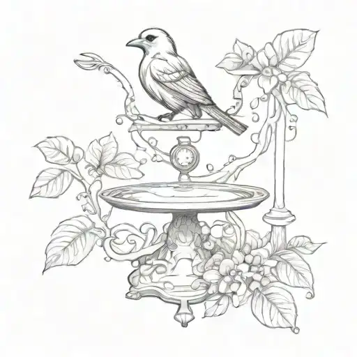 balance scale wrapped in a flower vine with a bird perched on the left side of the scale causing it to tip left tattoo design idea