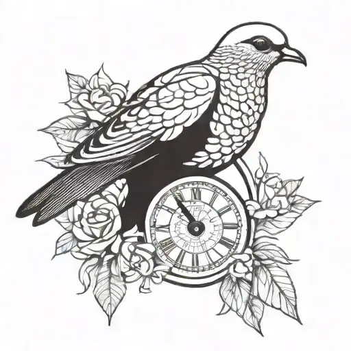 A peaceful dove holding a blooming flower in its beak, with a clock face integrated into its wings symbolizing the passage of time and the importance of cherishing the present moment tattoo design idea