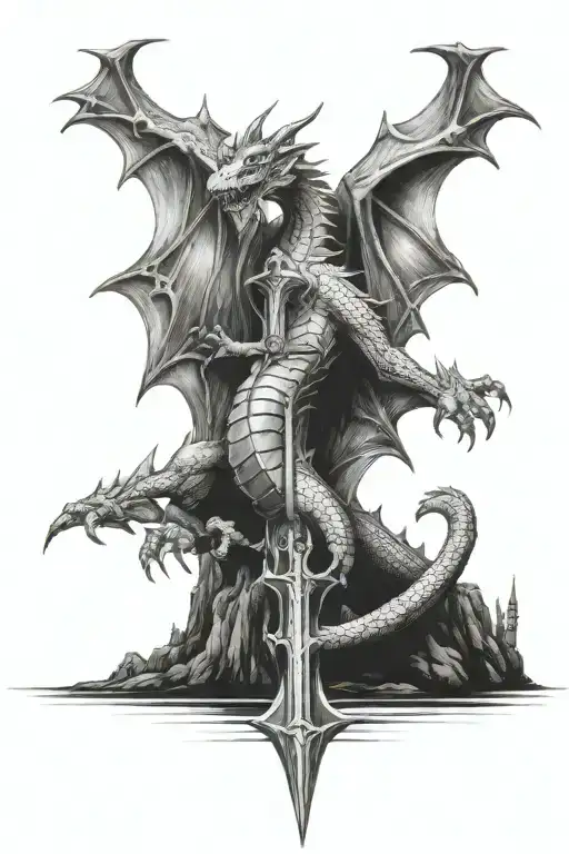 dragon, welsh castle, cross, excalibur, king arthur tattoo design idea