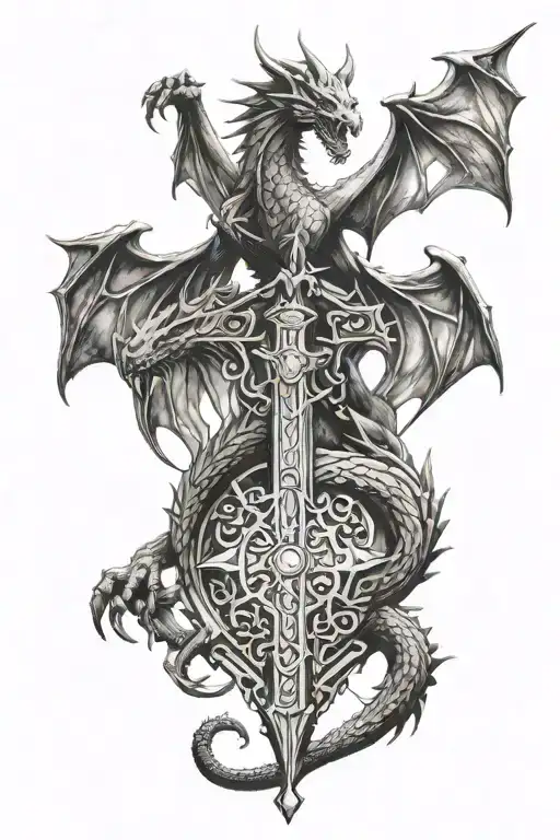 dragon, welsh castle, cross, excalibur, king arthur tattoo design idea