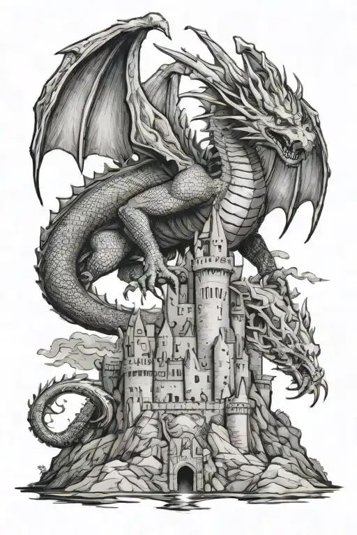 dragon flying around a welsh castle, with king arthur holding excalibur  tattoo design idea