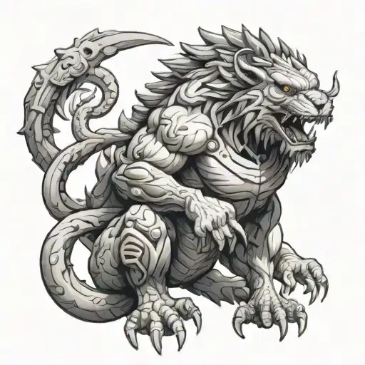A chimera creature with elements of a judo fighter and engineer tools, representing adaptability and creativity tattoo design idea