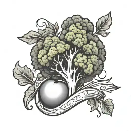 A heart-shaped broccoli with a sun and moon intertwined tattoo design idea