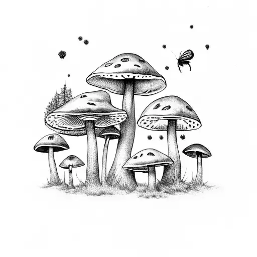 mushroom, pine trees ,bugs, flowers. tattoo design idea
