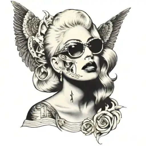 A traditional style tattoo of Lady Gaga's various album covers combined into a collage tattoo design idea