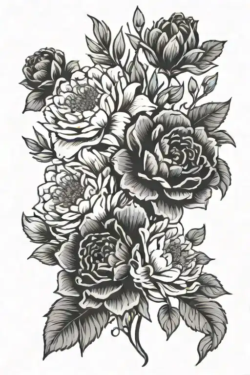 Black and white spine tattoos with 2 December birth flowers September birth flower January birth flower June birth flowe tattoo design idea